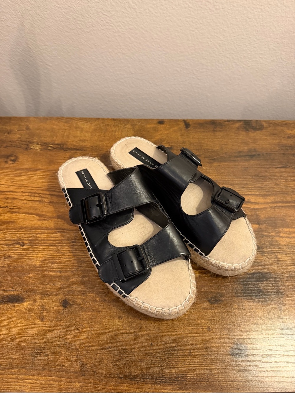 Steve Madden Black Double-Buckle Espadrille Slide Sandals